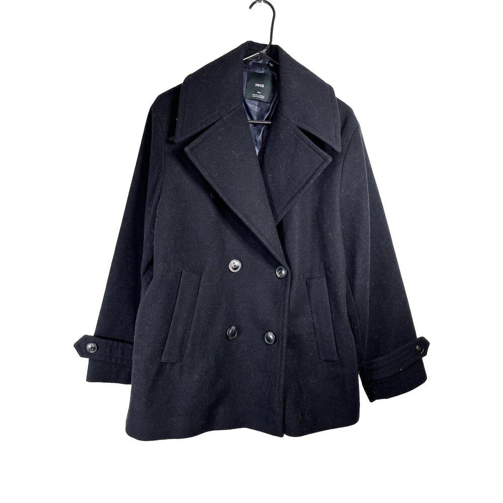 MANGO MNG Double Breasted Wool Coat Black Small Corp Core Natural Fiber